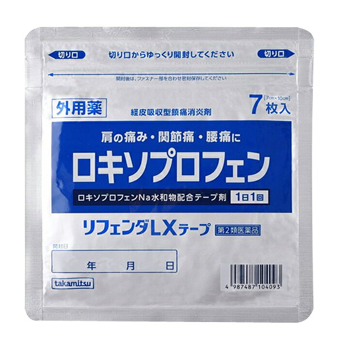 ※大変申し訳ございませんが、沖縄県へのお届けにつきましては、 　ご注文金額に関わらず、全商品、送料無料の対象外とさせて頂きます。 ※沖縄県以外（一部地域を除く）へのお届けは、梱包箱100サイズ ×1個までであれば、6,500円（税別）以上のご注文で、佐川急便の陸送にて送料無料でお届けいたします。 　100サイズを超える商品や、空輸でのお届けをご希望の場合は、ご注文金額にかかわらず送料を頂戴いたします。 ※お取り寄せとなる場合もあり、 　発送までに3〜10日程お日にちを頂戴することがございます。 ●使用期限：使用期限まで180日以上あるものをお送りします。 　お薬によっては期限が短いものもございます。 　180日未満の期限の医薬品に関しましては、別途ご連絡の上ご送付いたします。 ■製品特徴 ◇肩の痛み・関節痛・腰痛に。 ◇ロキソプロフェンナトリウム水和物配合テープ剤。 ◇関節部位にもぴったりフィット。伸縮・強粘着タイプ。 ◇目立ちにくいベージュ色タイプ。 ◇貼りやすい3分割フィルム。 ◇肩などに貼りやすい小判タイプ（7×10cm）。 ◇7枚入り。 ◇医薬品。 ※15歳未満は使用できません。 ※1日あたり4枚を超えて使用しないでください。 ■効能・効果 腰痛、肩こりに伴う肩の痛み、関節痛、筋肉痛、腱鞘炎(手・手首の痛み)、肘の痛み(テニス肘など)、打撲、捻挫 ■用法・用量 表面のライナー(フィルム)をはがし、1日1回患部に貼付してください。 【用法・用量に関連する注意】 (1)用法・用量を厳守してください。 (2)本剤は、痛みやはれ等の原因になっている病気を治療するのではなく、痛みやはれ等の症状のみを治療する薬剤ですので、症状がある場合だけ使用してください。 (3)1日あたり4枚を超えて使用しないでください。 (4)汗をかいたり、患部がぬれている時は、よく拭き取ってから使用してください。 (5)皮ふの弱い人は、使用前に腕の内側の皮ふの弱い箇所に、1〜2cm角の小片を目安として半日以上貼り、発疹・発赤、かゆみ、かぶれ等の症状が起きないことを確かめてから使用してください。 ■成分・分量 ＜膏体100g中（1枚7×10cm、膏体量1g）＞ ・ロキソプロフェンナトリウム水和物：5.67g（無水物として5g） （添加物） l-メントール，ミリスチン酸イソプロピル，ジブチルヒドロキシトルエン(BHT)，タルク，スチレン・イソプレン・スチレンブロックコポリマー，テルペン樹脂，流動パラフィン，その他2成分 ■使用上の注意 【してはいけないこと】 （守らないと現在の症状が悪化したり、副作用が起こりやすくなる） 1.次の人は使用しないでください (1)本剤または本剤の成分によりアレルギー症状を起こしたことがある人。 (2)本剤または他の解熱鎮痛薬，かぜ薬，外用鎮痛消炎薬を使用してぜんそくを起こしたことがある人。 (3)15歳未満の小児。 2.次の部位には使用しないでください (1)目の周囲，粘膜等。 (2)しっしん，かぶれ，傷口。 (3)みずむし・たむし等または化膿している患部。 3.本剤を使用している間は，他の外用鎮痛消炎薬を使用しないでください 4.連続して2週間以上使用しないでください （本剤は痛みを一時的におさえるものです。痛み等の症状が継続する場合には，使用を中止し，医師の診療を受けてください。） 【相談すること】 1.次の人は使用前に医師，薬剤師または登録販売者に相談してください (1)医師の治療を受けている人。 (2)薬などによりアレルギー症状を起こしたことがある人。 (3)妊婦または妊娠していると思われる人。 (4)高齢者。 (5)次の診断を受けた人。気管支ぜんそく 2.使用後，次の症状があらわれた場合は副作用の可能性がありますので，直ちに使用を中止し，この説明文書を持って医師，薬剤師または登録販売者に相談してください (1)皮ふ：発疹・発赤，かゆみ，はれ，ヒリヒリ感，かぶれ，水疱，青あざができる，色素沈着 (2)消化器：胃部不快感，みぞおちの痛み (3)その他：むくみ まれに次の重篤な症状が起こることがあります。その場合は直ちに医師の診療を受けてください ●ショック（アナフィラキシー）：使用後すぐに，皮ふのかゆみ，じんましん，声のかすれ，くしゃみ，のどのかゆみ，息苦しさ，動悸，意識の混濁等があらわれます。 3.使用後，次の症状があらわれることがありますので，このような症状の持続または増強が見られた場合には，使用を中止し，この説明文書を持って医師，薬剤師または登録販売者に相談してください 　下痢・軟便 4.5〜6日間使用しても症状がよくならない場合は使用を中止し，この説明文書を持って医師，薬剤師または登録販売者に相談してください（他の疾患の可能性があります） ■保管および取扱上の注意 (1)直射日光の当たらない湿気の少ない涼しい所に保管してください。 (2)小児の手の届かない所に保管してください。 (3)他の容器に入れ替えないでください。（誤用の原因になったり品質が変わることがあります） (4)品質保持のため，未使用分は袋に入れ，開口部のファスナーを閉めて保管してください。 (5)使用期限を過ぎた製品は使用しないでください。また，開封後はなるべく早く使用してください。 ■お問い合わせ先 株式会社タカミツ 〒475-0828 愛知県半田市瑞穂町二丁目6番地の5 電話番号：0120-459533 受付時間：9：00〜17：00（土・日・祝日を除く） ■広告文責 ナイスドラッグ（06-4257-3385） ＜薬剤師＞ 藤岡 育郎 ■区分 第2類医薬品