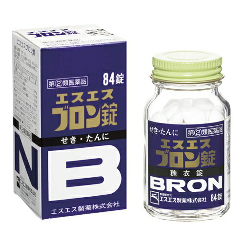※大変申し訳ございませんが、沖縄県へのお届けにつきましては、 　ご注文金額に関わらず、全商品、送料無料の対象外とさせて頂きます。 ※北海道へのお届けは、梱包箱100サイズまでであれば、6,500円（税別）以上のご注文で、佐川急便の陸送にて送料無料でお届けいたします。 　100サイズを超える商品や、空輸でのお届けをご希望の場合は、ご注文金額にかかわらず送料を頂戴いたします。 ※お取り寄せとなる場合もあり、 　発送までに3〜10日程お日にちを頂戴することがございます。 ●使用期限：使用期限まで180日以上あるものをお送りします。 　お薬によっては期限が短いものもございます。 　180日未満の期限の医薬品に関しましては、別途ご連絡の上ご送付いたします。 ※お一人様1個まで。 商品説明 ◇エスエスブロン錠は、せきとたんに有効な白色の糖衣錠です。 ◇主成分のジヒドロコデインリン酸塩が延髄にあるせきの中枢に作用してせきをしずめ、dl-メチルエフェドリン塩酸塩が気管支筋の緊張をやわらげることによりせきをしずめ、たんの排出をうながします。 ◇さらに、抗ヒスタミン剤のクロルフェニラミンマレイン酸塩が、アレルギー性のせきに効果をあらわします。 ◇84錠入り。 ◇医薬品。 ◆こんな方・こんな時におすすめ◆ ・苦しいせきが出る時 ・のどにたんが絡む時 使用上の注意 【してはいけないこと】 （守らないと現在の症状が悪化したり、副作用・事故が起こりやすくなります。） 1. 本剤を服用している間は、次のいずれの医薬品も使用しないでください 他の鎮咳去痰薬、かぜ薬、鎮静薬、抗ヒスタミン剤を含有する内服薬等（鼻炎用内服薬、乗物酔い薬、アレルギー用薬等） 2. 服用後、乗物又は機械類の運転操作をしないでください （眠気等があらわれることがあります。） 3. 授乳中の人は本剤を服用しないか、本剤を服用する場合は授乳を避けてください 4. 過量服用・長期連用しないでください 【相談すること】 1. 次の人は服用前に医師、薬剤師又は登録販売者に相談してください (1)医師の治療を受けている人。 (2)妊婦又は妊娠していると思われる人。 (3)高齢者。 (4)薬などによりアレルギー症状を起こしたことがある人。 (5)次の症状のある人。 　高熱、排尿困難 (6)次の診断を受けた人。 　心臓病、高血圧、糖尿病、緑内障、甲状腺機能障害 2. 服用後、次の症状があらわれた場合は副作用の可能性があるので、直ちに服用を中止し、この説明書を持って医師、薬剤師又は登録販売者に相談してください ・皮膚：発疹・発赤、かゆみ ・消化器：吐き気・嘔吐、食欲不振 ・精神神経系：めまい ・泌尿器：排尿困難 ※まれに下記の重篤な症状が起こることがあります。その場合は直ちに医師の診療を受けてください。 ・再生不良性貧血 青あざ、鼻血、歯ぐきの出血、発熱、皮膚や粘膜が青白くみえる、疲労感、動悸、息切れ、気分が悪くなりくらっとする、血尿等があらわれる。 ・無顆粒球症 突然の高熱、さむけ、のどの痛み等があらわれる。 3. 服用後、次の症状があらわれることがあるので、このような症状の持続又は増強が見られた場合には、服用を中止し、医師、薬剤師又は登録販売者に相談してください 　便秘、口のかわき、眠気 4. 5〜6回服用しても症状がよくならない場合は服用を中止し、この説明書を持って医師、薬剤師又は登録販売者に相談してください 効能・効果 せき、たん 用法・用量 次の1回量を1日3回、水又はぬるま湯で服用してください。服用間隔は4時間以上おいてください。 ・成人（15才以上）…4錠 ・8才〜14才…2錠 ・5才〜7才…1錠 ・5才未満…服用しないこと 【用法・用量に関する注意】 (1)用法・用量を厳守してください。 (2)小児に服用させる場合には、保護者の指導監督のもとに服用させてください。 成分・分量 ■12錠(成人1日量)中 ・ジヒドロコデインリン酸塩：30mg ・dl-メチルエフェドリン塩酸塩：50mg ・クロルフェニラミンマレイン酸塩：8mg ・無水カフェイン：90mg (添加物) カルメロースCa、無水ケイ酸、セルロース、乳糖、白糖、ヒドロキシプロピルセルロース、ヒプロメロース、炭酸Ca、カルナウバロウ、ステアリン酸Mg、タルク、酸化チタン、プルラン、ポリオキシエチレンポリオキシプロピレングリコール 保管および取扱い上の注意 (1)直射日光の当たらない湿気の少ない涼しい所にビンのフタをよくしめて保管してください (2)小児の手の届かない所に保管してください。 (3)他の容器に入れ替えないでください。 (誤用の原因になったり品質が変わることがあります。) (4)本剤をぬれた手で扱わないでください。ぬれた手で扱うと、糖衣にムラができたり、変色したりすることがあります。 (5)ビンの中のつめ物は、輸送中に錠剤が破損するのを防ぐためのものです。開封後は不要となりますので取り除いてください。 (6)使用期限をすぎたものは服用しないでください。 お問い合わせ先 エスエス製薬株式会社 〒163-1488 東京都新宿区西新宿3丁目20番2号 　東京オペラシティタワー お客様相談室：0120-028-193 受付時間：9:00〜17:30(土・日・祝日を除く) 広告文責 ナイスドラッグ（06-4257-3385） ＜登録販売者＞　中島　一人 区分 第(2)類医薬品　