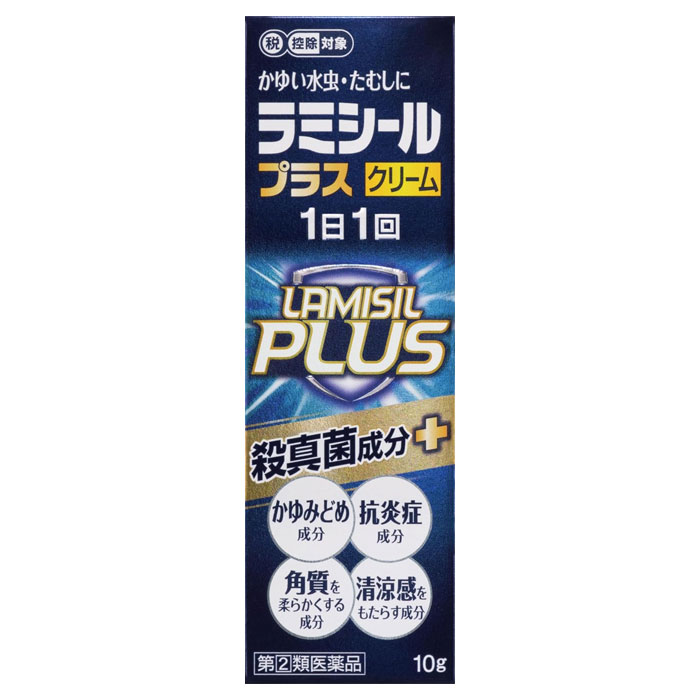 ※大変申し訳ございませんが、沖縄県へのお届けにつきましては、 　ご注文金額に関わらず、全商品、送料無料の対象外とさせて頂きます。 ※沖縄県以外（一部地域を除く）へのお届けは、梱包箱100サイズ ×1個までであれば、6,500円（税別）以上のご注文で、佐川急便の陸送にて送料無料でお届けいたします。 　100サイズを超える商品や、空輸でのお届けをご希望の場合は、ご注文金額にかかわらず送料を頂戴いたします。 ※お取り寄せとなる場合もあり、 　発送までに3〜10日程お日にちを頂戴することがございます。 ●使用期限：使用期限まで180日以上あるものをお送りします。 　お薬によっては期限が短いものもございます。 　180日未満の期限の医薬品に関しましては、別途ご連絡の上ご送付いたします。 ※お一人様3個まで。 ■製品特徴 ◇ラミシールプラスクリームは、殺真菌成分テルビナフィン塩酸塩に、鎮痒剤、抗炎症剤、角質軟化剤を配合する、クリーム剤の水虫・たむし治療薬です。 ◇有効成分のテルビナフィン塩酸塩の殺真菌作用により、かゆみや痛みなどを引き起こす水虫・たむしにすぐれた効果を発揮します。 ◇1日1回の塗布で、薬剤が患部に留まり角質層へ浸透することで持続的な効果を発揮します。 ◇患部のかゆみを鎮めるクロタミトン、炎症を抑えるグリチルレチン酸、清涼感を与えるl-メントール、角質を軟化する尿素を配合。 ◇べとつかない、サラッとした使いごこちのクリーム剤で、ジュクジュクした趾間型水虫や、患部がゴワゴワ・ガサガサしたり、ひび割れたような角化型水虫にお勧めします。 ◇10g入り。 ◇医薬品。 ■効能・効果 水虫、いんきんたむし、ぜにたむし ■用法・用量 1日1回、適量を患部に塗布してください。 ＜用法・用量に関する注意＞ 1.定められた用法を厳守してください。 2.患部やその周囲が汚れたまま使用しないでください。 3.本剤のついた手で、目や粘膜にふれないでください。 4.目に入らないように注意してください。 万一、目に入った場合には、すぐに水又はぬるま湯で洗い、直ちに眼科医の診療を受けてください。 5.小児に使用させる場合には、保護者の指導監督のもとに使用させてください。 6.外用にのみ使用してください。 ■成分・分量 100g中 成分：分量 テルビナフィン塩酸塩：1g クロタミトン：5g グリチルレチン酸：0.5g l-メントール：2g 尿素：5g 添加物：N-メチル-2-ピロリドン、オクチルドデカノール、グリセリン、カルボキシビニルポリマー、ステアリン酸グリセリン、ステアリン酸ポリオキシル、ジイソプロパノールアミン、pH調節剤 ■使用上の注意 ○してはいけないこと(守らないと現在の症状が悪化したり、副作用が起こりやすくなります) 1.次の人は使用しないでください 本剤又は本剤の成分によりアレルギー症状(例えば、発疹・発赤、かゆみ、はれ等)を起こしたことがある人 2.次の部位には使用しないでください (1)目や目の周囲、粘膜(例えば、口腔、鼻腔、膣等)、陰のう、外陰部等 (2)湿疹 (3)湿潤、ただれ、亀裂や外傷のひどい患部 ○相談すること 1.次の人は使用前に医師、薬剤師又は登録販売者に相談してください (1)医師の治療を受けている人 (2)妊婦又は妊娠している可能性のある人 (3)乳幼児 (4)薬などによりアレルギー症状を起こしたことがある人 (5)患部が顔面又は広範囲の人 (6)患部が化膿している人 (7)「湿疹」か「みずむし、いんきんたむし、ぜにたむし」かがはっきりしない人(陰のうにかゆみ・ただれ等の症状がある場合は、湿疹等他の原因による場合が多い。) 2.使用後、次の症状があらわれた場合は副作用の可能性があるので、直ちに使用を中止し、この説明文書を持って医師、薬剤師又は登録販売者に相談してください 関係部位：症状 皮ふ：かぶれ、刺激感、熱感、鱗屑(りんせつ)・落屑(らくせつ)(フケ、アカのような皮ふのはがれ)、ただれ、乾燥・つっぱり感、皮ふの亀裂、いたみ、色素沈着、発疹・発赤※、かゆみ※、はれ※、じんましん※ ※全身に発現することがあります。 3.2週間位使用しても症状が良くならない場合や、本剤の使用により症状が悪化した場合は使用を中止し、この説明文書を持って医師、薬剤師又は登録販売者に相談してください ■保管および取扱上の注意 ・直射日光の当たらない涼しい所に密栓して保管してください。 ・小児の手の届かない所に保管してください。 ・他の容器に入れ替えないでください(誤用の原因になったり、品質が変わることがあります。)。 ・使用期限をすぎた製品は使用しないでください。 ■お問い合わせ先 全薬工業株式会社 〒112-8650 東京都文京区大塚5-6-15 電話番号：03-4476-8030 受付時間：9：00〜17：00（土・日・祝日、年末年始を除く） ■広告文責 ナイスドラッグ（06-4257-3385） ＜薬剤師＞ 藤岡 育郎 ■区分 第(2)類医薬品　