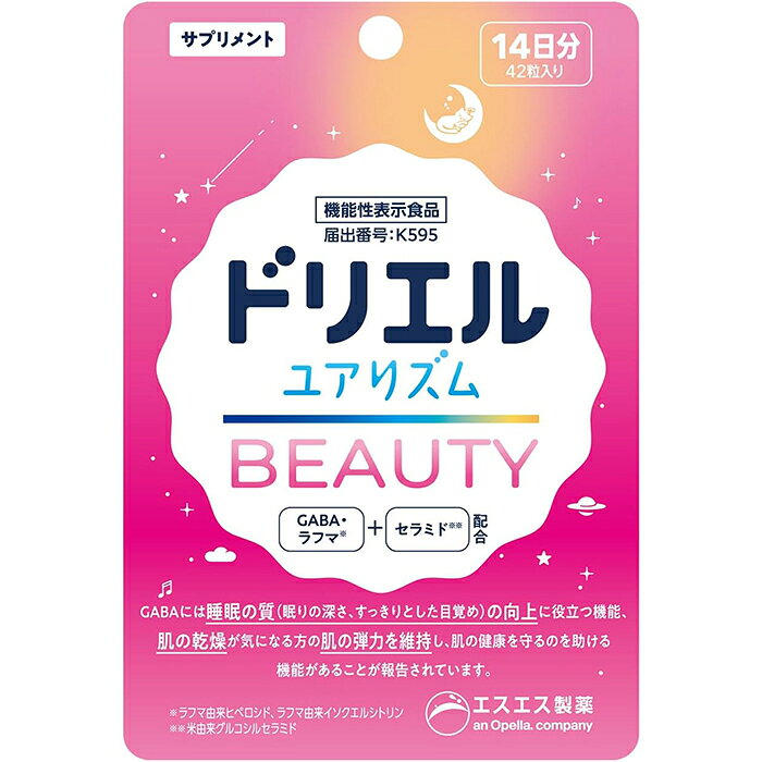 ※お取り寄せとなり、発送までに3～10日程お日にちを頂戴する場合がございます。 ■製品特徴 ◇ドリエル　ユアリズムは、睡眠の質を高めるとともに睡眠に関連するさまざまなリズムを整えて充実した毎日に導く睡眠サプリメントシリーズです。 ◇睡眠の質を高めてストレスを軽減するGABA・ラフマに加え、肌の弾力とうるおいを維持するセラミドを配合。 ◇本品にはGABAとラフマ由来ヒペロシド、ラフマ由来イソクエルシトリン、米由来グルコシルセラミドが含まれています。 ◇GABAには睡眠の質（眠りの深さ、すっきりとした目覚め）の向上に役立つ機能、肌の乾燥が気になる方の肌の弾力を維持し、肌の健康を守るのを助ける機能があることが報告されています。 ◇ラフマ由来ヒペロシド、ラフマ由来イソクエルシトリンには睡眠の質(眠りの深さ・起床時の睡眠に対する満足感)の向上に役立つ機能があることが報告されています。 ◇米由来グルコシルセラミドには肌が乾燥しがちな方の肌の潤い(水分)を逃しにくくして、肌の潤いを守るのを助ける機能があることが報告されています。 ◇42粒(14日分)入り。 ■用法・用量 〇1日3粒を目安に、就寝前など、水などと一緒にかまずにお召し上がりください。 ・一日摂取目安量を守ってください。 ・食物アレルギーのある方は、原材料名をご確認のうえご使用をお決めください。 ・降圧薬を服用している方は医師、薬剤師に相談してください。 ・本品は、ドリエルブランドの機能性表示食品であり、医薬品ではありません。 ■成分・分量 ＜栄養成分表示＞　■3粒（726mg）当たり ・エネルギー：2.90kcal ・タンパク質：0.11g ・脂質：0.02g ・炭水化物：0.56g ・食塩相当量：0.0005g ・V.B2：1.4mg ・V.B6：1.3mg ・V.C：10mg ・機能性関与成分：GABA 100mg、ラフマ由来ヒペロシド 1mg、ラフマ由来イソクエルシトリン 1mg、米由来グルコシルセラミド 0.6mg ＜原材料名＞ GABA（国内製造）、ラフマ葉エキス末、セラミド含有米エキス末、結晶セルロース、ソルビトール、香料、HPC、ステアリン酸Ca、V.C、HPMC、炭酸Ca、V.B6、V.B2、カルナウバロウ、クチナシ色素、紅花色素​ ■使用上の注意 ・本品は、特定保健用食品と異なり、機能性及び安全性について国による評価を受けたものではありません。 届け出られた科学的根拠等の情報は消費者庁のウェブサイトで確認できます。 ・本品は、医薬品と異なり、疾病の診断、治療、予防を目的としたものではありません。 ・本品は、疾病に罹患している者、未成年者、妊産婦（妊娠を計画している者を含む。）及び授乳婦を対象に開発された食品ではありません。 ・疾病に罹患している場合は医師に、医薬品を服用している場合は医師、薬剤師に摂取について相談してください。 ・体調に異変を感じた際は、速やかに摂取を中止し、医師に相談してください。 ・食生活は、主食、主菜、副菜を基本に、食事のバランスを。 ■保管および取扱上の注意 ・開封後は、チャックを合せて密封し、高温・多湿を避けて保存してください。 ・小児の手の届かないところに保存してください。 ■お問い合わせ先 エスエス製薬株式会社 東京都新宿区西新宿3-20-2 お客様相談室：0120-028-193 受付時間：9:00〜17:30（土、日、祝日を除く） ■広告文責 ナイスドラッグ（06-4257-3385） ■区分 機能性表示食品　