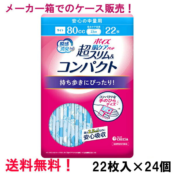 メーカー箱での発送 超S＆C 80cc 22枚入×24個 ポイズ肌ケアパッド 超スリム&コンパクト 安心の中量用 長さ23cm 薄さ2.5mm 大人用 尿とりパッド クレシア 医療費控除対象商品