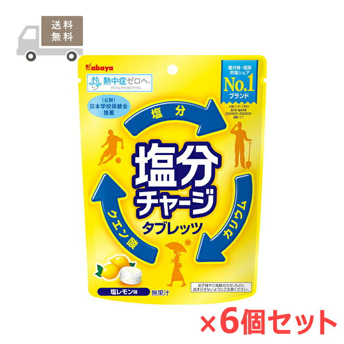 ※お取り寄せとなり、発送までに3～10日程お日にちを頂戴する場合がございます。 ※単品、6個セット（それぞれのお味合せて）のお買い合わせは、合計30袋分まで承ります。 （合計個数31袋以上の場合、別途送料を頂戴します。） ■商品詳細 ◇汗をかいたら、塩分チャージ！発汗によって失われた体内の塩分を補給するのに適したタブレットです。 ◇ナトリウムとともに汗によって体から失われるミネラル「カリウム」を配合しています。 ◇タブレットのため、すばやく塩分補給ができます。 ◇熱中症対策に！ ◇塩レモン味です。 ◇81g（個包装込み）×6個セット。 ■アレルギー成分 （特定原材料及び推奨品目28品目のうち含まれるもの） ・乳 ■原材料名 砂糖(国内製造)、ブドウ糖、水飴、乳糖、食塩/クエン酸、クエン酸Na、乳化剤、塩化K、香料、フマル酸Na、着色料（紅花黄、ビタミンB、パプリカ色素） ■お問い合わせ先 カバヤ食品株式会社　お客様相談室 TEL：0120-24-0141 ■広告文責 ナイスドラッグ（TEL：06-4257-3385）