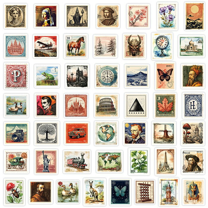 ステッカー 50枚 切手風 アンティーク ウォールシール ウォールステッカー インテリア 装飾 室内 壁紙..