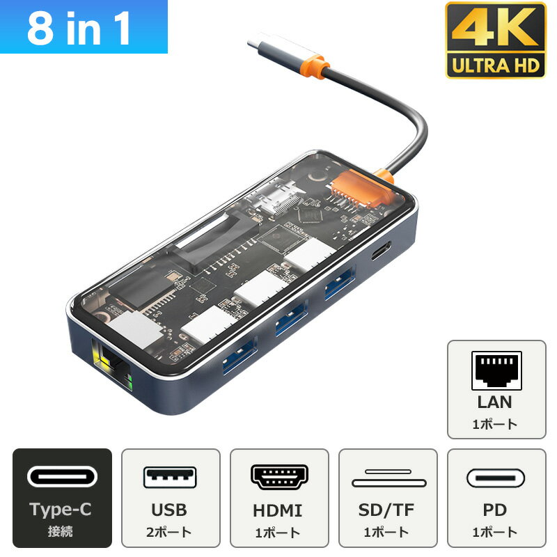 USB Type-C ハブ 8in1 透明 4K HDMI USB3.0 100