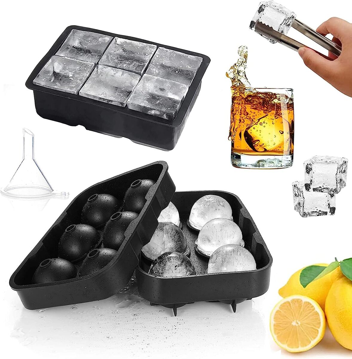 【ブラックフライデーP5倍】製氷皿 製氷器 製氷機 6個取り 2点セット 蓋付き 丸氷 四角い氷 アイスボール 大きい 溶けにくい 無臭 シリコン 透明氷 ロックアイス ビール ウイスキー ハイボール 氷 ジュース カルピス (丸氷4.5cm+四角型5cm)
