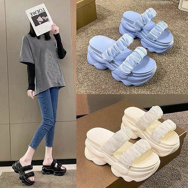 厚底サンダル ミュール レディース 軽量 サンダル 9cmヒール 光沢感 夏 厚底 柔ら...