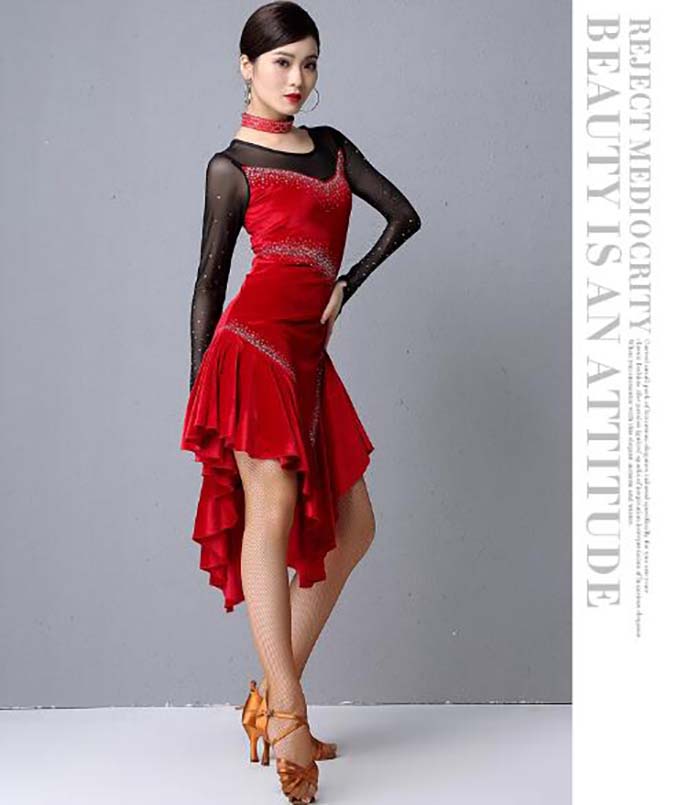 ラテンダンス ドレス 練習服 長袖 チャチャ サルサ ルンバ 競技 レッスン着 ダンスウェア タンゴ 社交ダンス 演出ワンピース ラテンダンス衣装