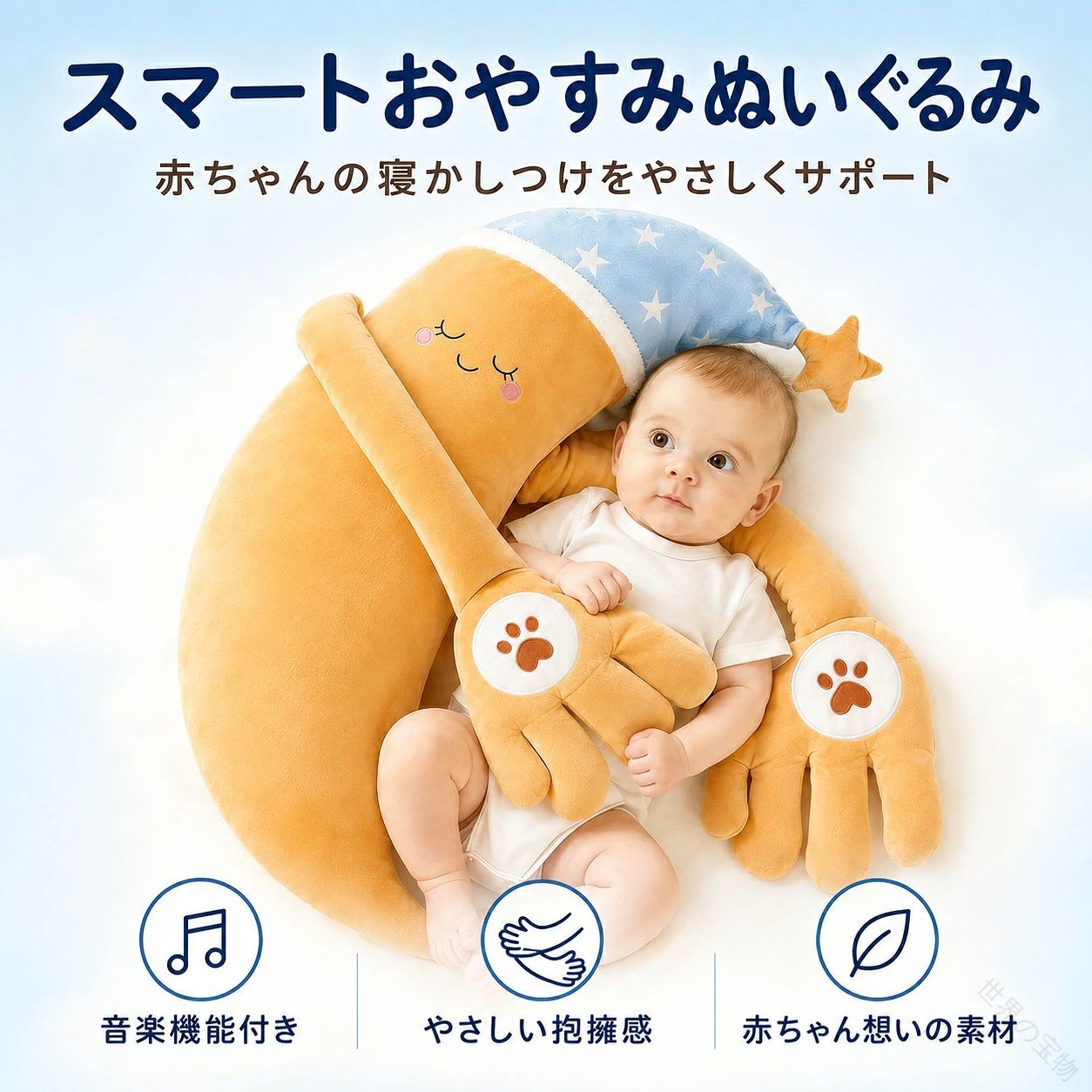 自動トントン 月型ベビー寝かしつけクッション ベビー枕 充電式 リモコン 3 段階 小豆インナー付 洗える外カバー 新生児 0 歳 1 歳 2 歳 お昼寝 出産祝い ベビーギフト 赤ちゃん