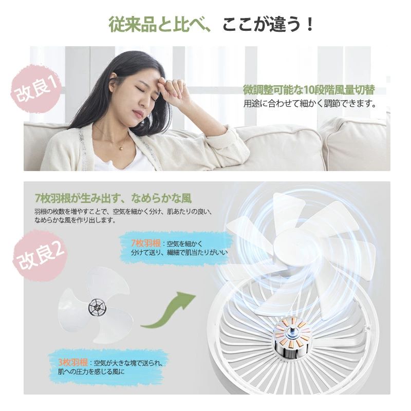 静音 4000mAh 冷風機 オフィス 静音 充電式 卓上扇風機 キッチン 卓上 ファン ポータブル 12dB 10段階風量 熱中症対策 軽量 卓上 扇風機 首振り リズム風 静か 充電 DCモーター 強力 電量表示 小型 コードレス usb usb - 2