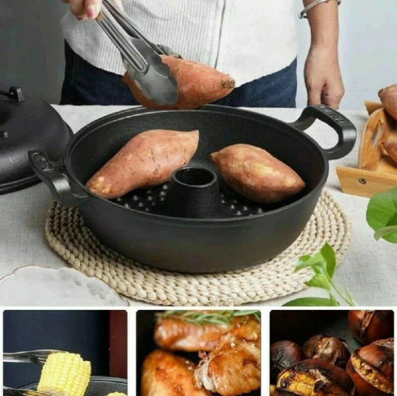Rakuten - 焼き芋機 南部鉄器 両手鍋 ガスコンロ対応 ih対応 直火 大型 焼き鍋 蓋付き 熱伝導が早く錆びにくい 鋳鉄鍋 IH200V/ガスコンロ対応 一体成型 多機能焼芋鍋 速い熱伝導 焦げ付き防止 焼き芋器 焼き 芋 コーン 栗 家庭用 業務用