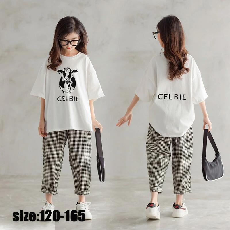 Rakuten - 韓国子供服 セットアップ 夏 カジュアル ナチュラル tシャツ ズボン ジャージ チェック柄 半袖 パンツ プリント 女の子 ゆったり リゾート キッズ こども 可愛い カジュアル きれいめ 卒園式/入学式 120 130 140 150 160 165cm