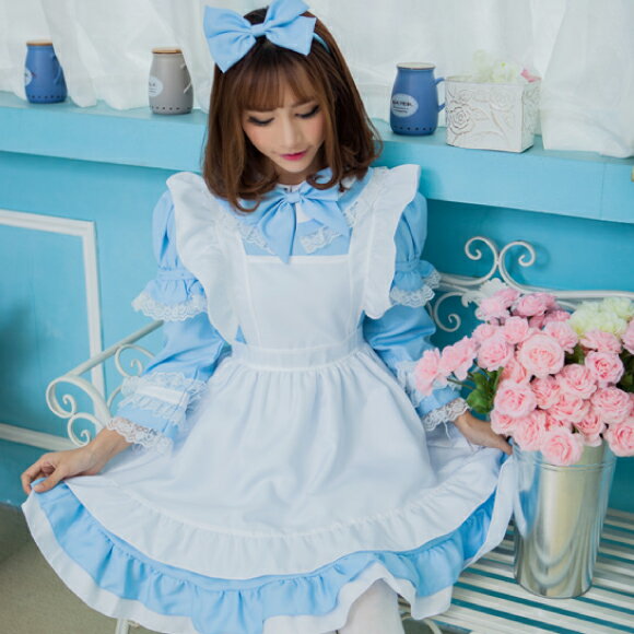 【送料無料※沖縄は追加送料】M・XL 2way アリス 半袖 長袖 メイド パステルフリル エプロン ワンピース(S17171)[メール便不可]【ハロウィン コスプレ コスチューム 仮装】