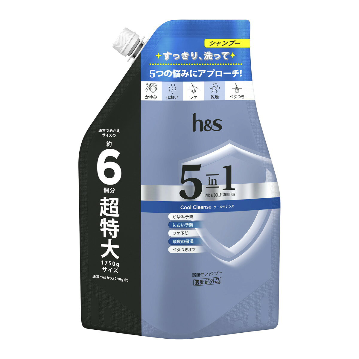 ・有効成分ジンクピリチオン液配合の医薬部外品シャンプー ・5つの効果で頭皮のかゆみ、におい、フケ、乾燥、ベタつきをケア ・深海ミネラルで頭皮ディープクレンズ ・弱酸性、植物由来成分配合 ・容量は超特大1750gの詰替用 ・タイ製 【ご注意】用法・用量および使用上の注意をよくお読みのうえ、正しくご使用ください。 お体に合わない場合は使用を中止し、症状が続く場合は医師等にご相談ください。 原産国：タイ区分：医薬部外品発売元/製造元等：P＆Gジャパン（株） 【成分】 有効成分：ジンクピリチオン液、その他の成分：精製水、塩化O-2-ヒドロキシ-3-(トリメチルアンモニオ)プロピルグァーガム、ヤシ油脂肪酸アミドプロピルベタイン液、ベンジルアルコール、ナトリウム、ポリオキシエチレンラウリルエーテル硫酸ナトリウム、水酸化ナトリウム、無水クエン酸、メチルクロロイソチアゾリノン・液、ラウリル硫酸ナトリウム、香料、ヤシ油脂肪酸モノエタノールアミド、クエン酸ナトリウム、塩化ナトリウム、キシレンスルホン酸アンモニウム液、高重合メチルポリシロキサン(1)、ジステアリン酸エチレングリコール、塩酸 広告文責：有限会社MAY 電話番号：079-569-1286