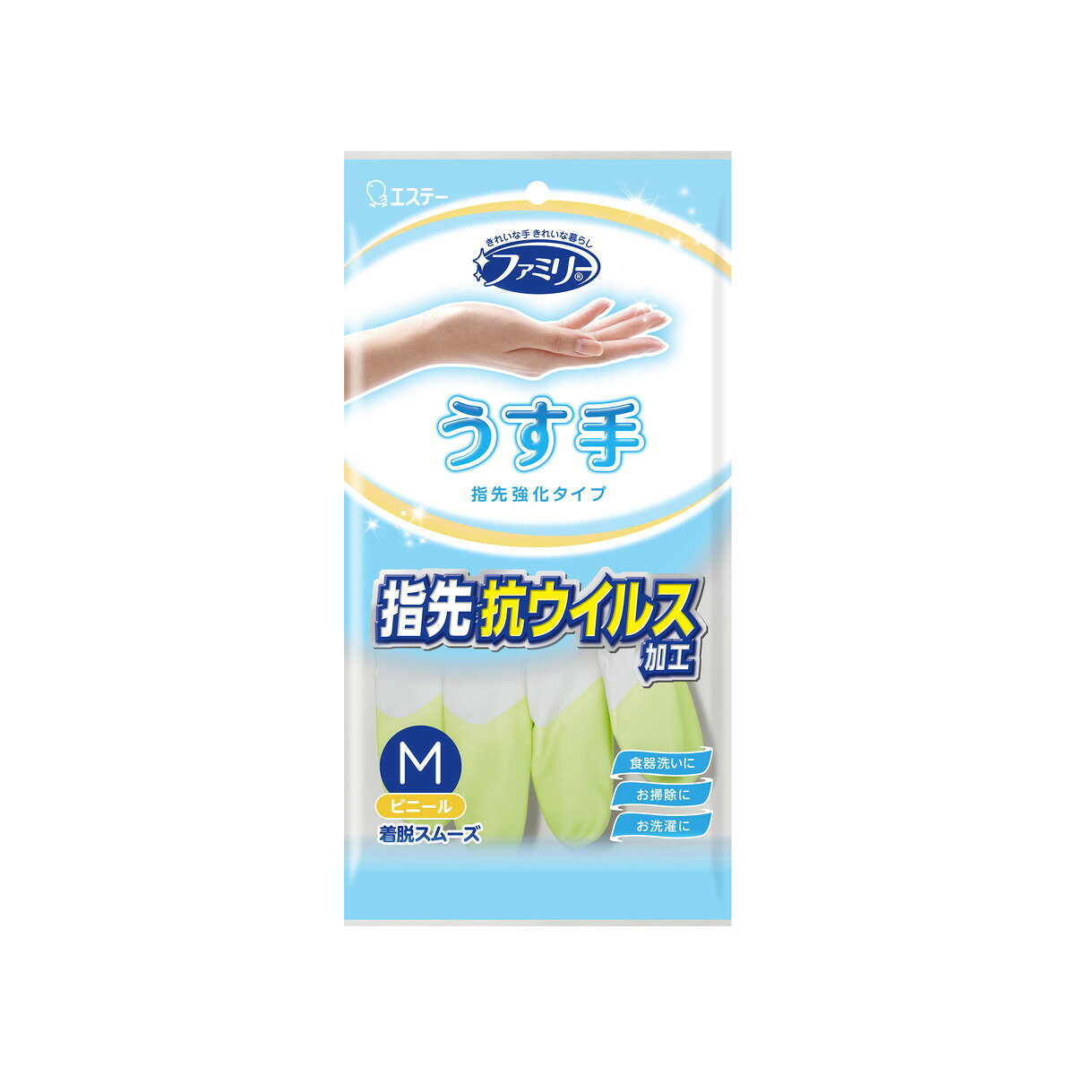 ・手袋全体に抗菌効果、指先は抗ウイルス加工でウイルスを99%以上減少させます。 ・内側の抗菌・防カビ成分で雑菌・カビの繁殖を防ぎ衛生的です。 ・指先強化でやぶれにくく丈夫です。 ・ドライタッチ加工で着脱がスムーズ。 ・うす手タイプで細かな作業に適しています。 ・洗剤・漂白剤に強い塩化ビニル樹脂製です。 【ご注意】原材料名およびアレルゲン（アレルギー物質）につきましては、必ずお手元に届いた商品のパッケージ表示をご確認のうえ、お客様ご自身の体質・体調に合わせてご使用ください。 体質に合わない場合や体調不良を感じた場合は、直ちに使用を中止してください。 原産国：台湾区分：日用品発売元/製造元等：エステー株式会社 【原材料】 塩化ビニル樹脂(非フタル酸エステル系可塑剤) 広告文責：有限会社MAY 電話番号：079-569-1286