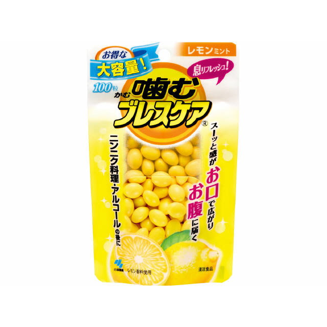 噛んだ瞬間に清涼成分とフレーバーがお口に広がるグミタイプの息リフレッシュ食品 清涼成分はお腹まで届きスーッと感が続く レモンミント味の大容量パウチタイプ ニンニク料理やアルコールの後の口臭ケアに 1回の目安量は1-2粒、気になる時は2-3粒 【ご注意】原材料名およびアレルゲン（アレルギー物質）につきましては、必ずお手元に届いた商品のパッケージ表示をご確認のうえ、お客様ご自身の体質・体調に合わせてご使用ください。 体質に合わない場合や体調不良を感じた場合は、直ちに使用を中止してください。 原産国：日本区分：清涼食品発売元/製造元等：小林製薬 株式会社 【原材料】 砂糖、マルトース、ゼラチン、水飴、でん粉、植物油脂、パセリ油、ソルビトール、ビタミンC、乳酸カルシウム、香料、酸味料、増粘多糖類、乳化剤、光沢剤、着色料（マリーゴールド）【成分】 砂糖、マルトース、ゼラチン、水飴、でん粉、植物油脂、パセリ油、ソルビトール、ビタミンC、乳酸カルシウム、香料、酸味料、増粘多糖類、乳化剤、光沢剤、着色料（マリーゴールド）【アレルゲン】 ゼラチン 広告文責：有限会社MAY 電話番号：079-569-1286