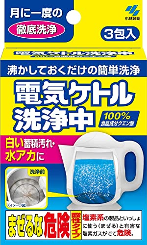 ・電気ケトル専用の洗浄剤 ・クエン酸が白い蓄積や水アカ汚れを効果的に洗浄 ・ステンレス、ガラス、プラスチック、フッ素加工製ケトル対応 ・鉄、銅、アルミニウムなどには使用不可 ・使い方も簡単で約1時間放置して洗浄完了 【ご注意】原材料名およびアレルゲン（アレルギー物質）につきましては、必ずお手元に届いた商品のパッケージ表示をご確認のうえ、お客様ご自身の体質・体調に合わせてご使用ください。 体質に合わない場合や体調不良を感じた場合は、直ちに使用を中止してください。 原産国：日本区分：日用品発売元/製造元等：小林製薬 株式会社 【原材料】 クエン酸【成分】 クエン酸100% 広告文責：有限会社MAY 電話番号：079-569-1286