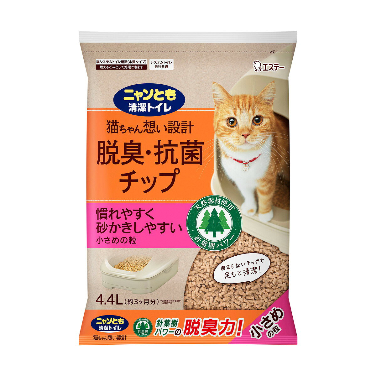 ・天然素材の針葉樹を原料とした脱臭・抗菌チップ ・オシッコで固まらず粉の舞い散りが少ない ・1週間取り替えなしでもニオわない設計 ・足元サラサラでいつも清潔 ・砂かきしやすく慣れやすい小さめの粒 ・燃えるゴミとして処理可能（地域のルールに従うこと） 【ご注意】原材料名およびアレルゲン（アレルギー物質）につきましては、必ずお手元に届いた商品のパッケージ表示をご確認のうえ、お客様ご自身の体質・体調に合わせてご使用ください。 体質に合わない場合や体調不良を感じた場合は、直ちに使用を中止してください。 区分：日用品発売元/製造元等：エステー株式会社 【原材料】 木材、はっ水剤、脱臭剤 広告文責：有限会社MAY 電話番号：079-569-1286