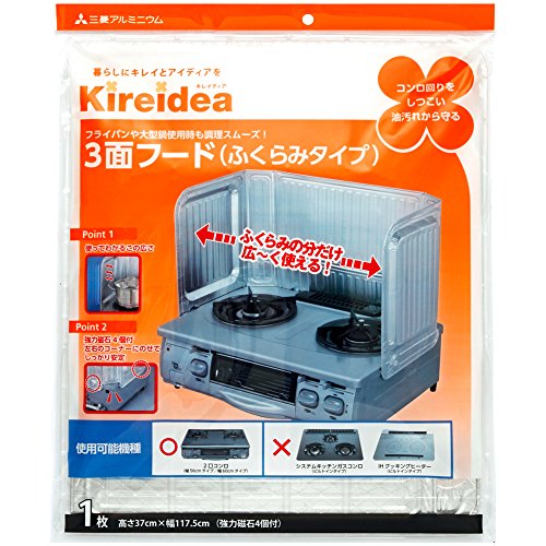 コンロ周りをしつこい油汚れから守ります。 サイズ：370×1175(mm) 材質：アルミ箔 左右側面をふくらませた設計で鍋のとっ手があたりにくい ガステーブルの左右コーナー部にのりフードが安定します 発売元/製造元等：エムエーパッケージング 【原材料】 アルミ箔 広告文責：有限会社MAY 電話番号：079-569-1286