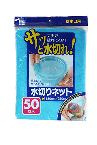・排水口用水切りネット(水切り袋) ・サイズ：180×250mm ・50枚入り ・ネットタイプで水切れが良く、目詰まりしにくい ・後処理が簡単でそのままゴミ箱へ捨てられる ・材質は低密度ポリエチレン(LLDPE) ・青色のネットタイプ ・原産国：中国 【ご注意】原材料名およびアレルゲン（アレルギー物質）につきましては、必ずお手元に届いた商品のパッケージ表示をご確認のうえ、お客様ご自身の体質・体調に合わせてご使用ください。 体質に合わない場合や体調不良を感じた場合は、直ちに使用を中止してください。 原産国：中国区分：ゴミ袋・ポリ袋、水切り袋・その他発売元/製造元等：日本サニパック（株） 【原材料】 低密度ポリエチレン(LLDPE) 広告文責：有限会社MAY 電話番号：079-569-1286