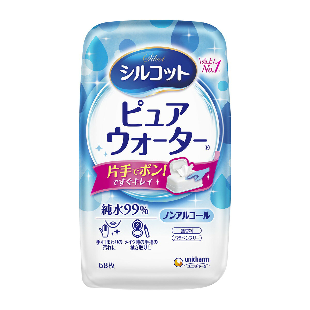 ワンプッシュでフタが開き片手でシートを取り出せる 純水99％使用で手指や口まわりにも安心 ノンアルコール・無香料で肌にやさしい 厚手でやわらかな拭き心地 日常のさまざまな汚れ拭きに使える 区分：日用品発売元/製造元等：ユニ・チャ−ム（株） 【成分】 水、PG、ポリアミノプロピルビグアニド、ブチルカルバミン酸ヨウ化プロピニル、ベンザルコニウムクロリド、EDTA-2Na、(C12-14)パレス-12 広告文責：有限会社MAY 電話番号：079-569-1286