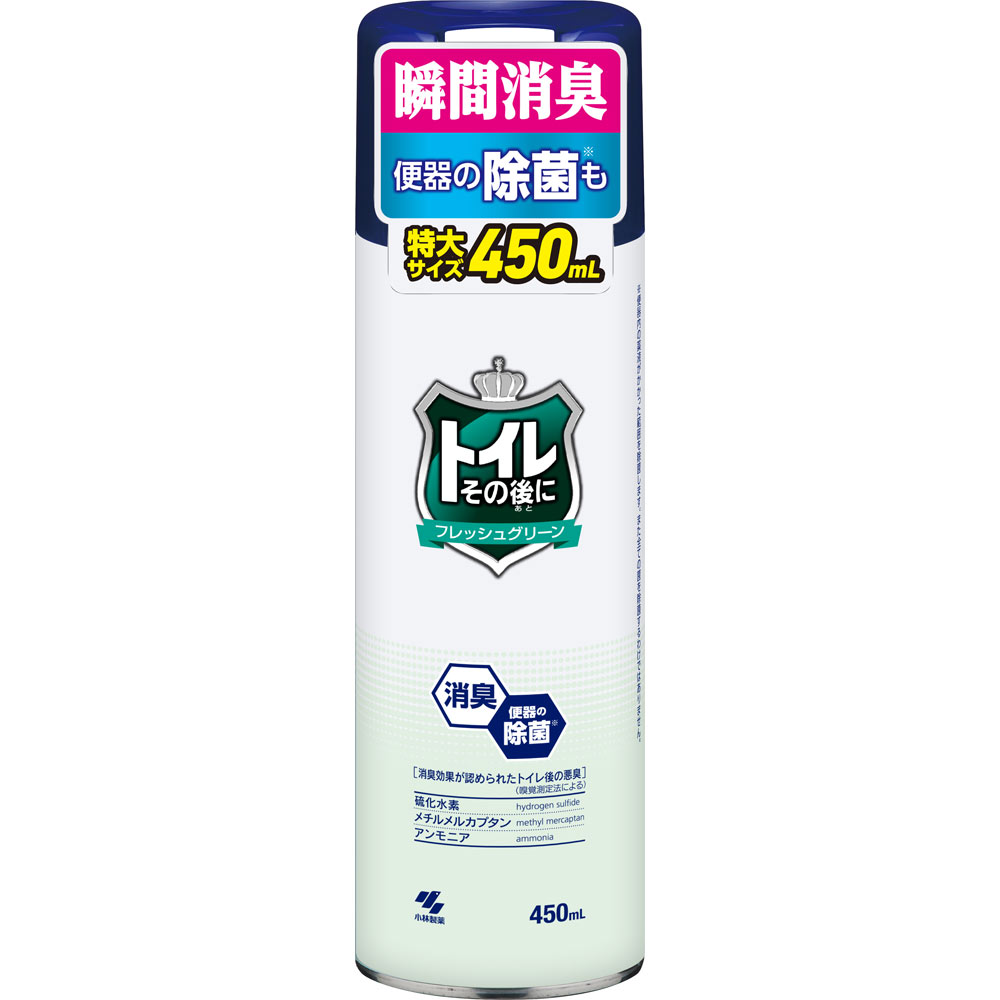 ・排便後の悪臭を瞬時に消臭するトイレ用消臭スプレー ・除菌効果でトイレを清潔に保つ ・さまざまな悪臭に対応した消臭成分を配合 ・フレッシュグリーンの爽やかな香り ・スプレータイプで使いやすい450mlサイズ 原産国：日本区分：日用品発売元/製造元等：小林製薬 株式会社 【成分】 脂肪酸塩系消臭剤、第四級アンモニウム塩、エタノール、香料 広告文責：有限会社MAY 電話番号：079-569-1286