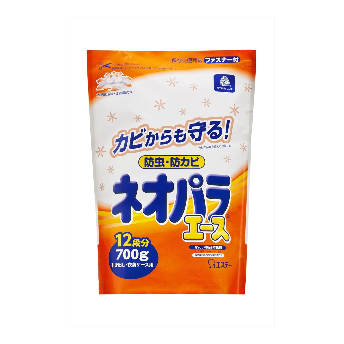 特殊和紙包装でラクラク衣替え 切らずに使えて手間いらず、薬剤が直接衣類にふれません。 和紙の全面から防虫薬剤が広がる揮散方式なので、容器のすみずみまで防虫します。 季節を問わず防虫効果を発揮します。 衣類を防カビ効果で守り、カビの発育を抑えます。 原産国：日本発売元/製造元等：エステー株式会社 【成分】 パラジクロルベンゼン、香料 広告文責：有限会社MAY 電話番号：079-569-1286