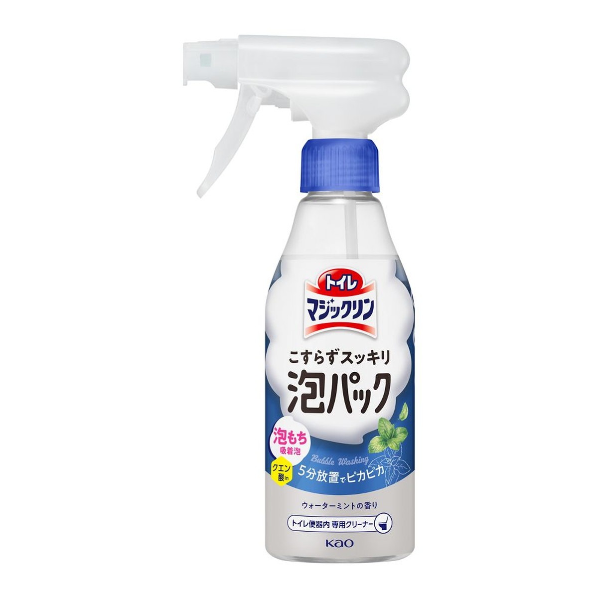 泡もちバツグン吸着泡で便器をぐるっとおおうだけ。 5分以上放置でトイレピカピカ。 ゴシゴシせずラクラクきれいに。 消臭できるクエン酸in処方の便器内専用クリーナー。 逆さスプレー対応でフチ裏もパック可能。 スッキリとしたウォーターミントの香り。 原産国：日本区分：日用品発売元/製造元等：花王カスタマ−マ−ケティ 【成分】 界面活性剤（3％、アルキルベタイン）、泡調整剤、除菌剤、金属封鎖剤 広告文責：有限会社MAY 電話番号：079-569-1286