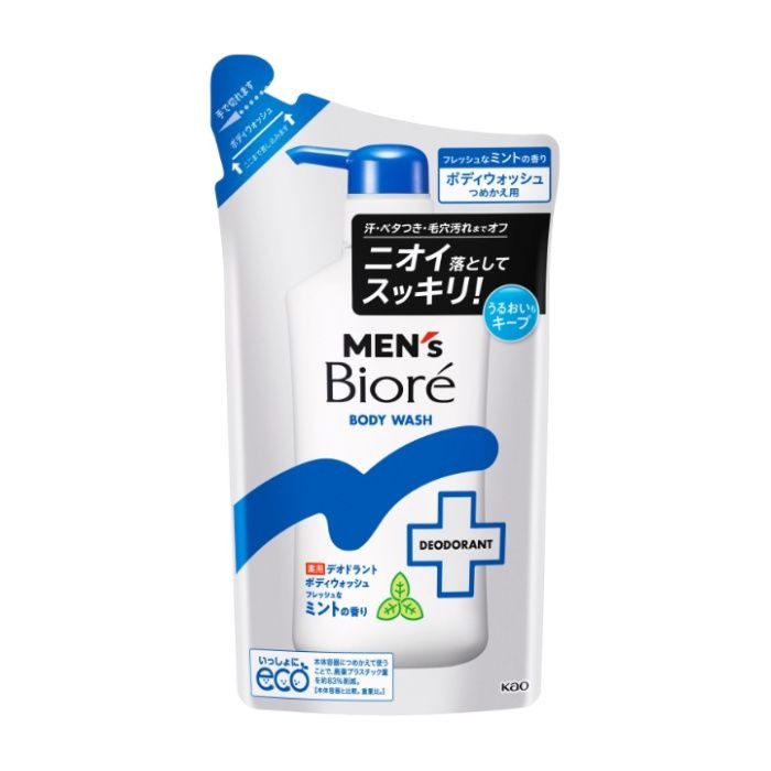 デオドラント成分配合(殺菌・防臭)の薬用泡がニオイの原因の1つであるカラダの毛穴汚れまで落とし、汗・ベタつきをスッキリさせます。 素早くたっぷり泡立ち、全身に広がります。 保湿成分配合で肌をいたわりながらやさしく洗えます。 メントール(清涼成分)配合でフレッシュなミントの香りです。 医薬部外品のボディウォッシュです。 【ご注意】用法・用量および使用上の注意をよくお読みのうえ、正しくご使用ください。 お体に合わない場合は使用を中止し、症状が続く場合は医師等にご相談ください。 原産国：ベトナム区分：医薬部外品発売元/製造元等：花王カスタマ−マ−ケティ 【成分】水、ラウリン酸、ラウリルヒドロキシスルホベタイン液、水酸化カリウム液(A)、ミリスチン酸、ラウレス硫酸Na、濃グリセリン、ジステアリン酸グリコール、パルミチン酸、ステアリン酸、メントール、ヤシ油脂肪酸エタノールアミド、POE(4)ラウリルエーテル、ヒドロキシプロピルメチルセルロース、ヒドロキシエタンジホスホン酸液、塩、水酸化ナトリウム液、BHT、緑3、香料 広告文責：有限会社MAY 電話番号：079-569-1286
