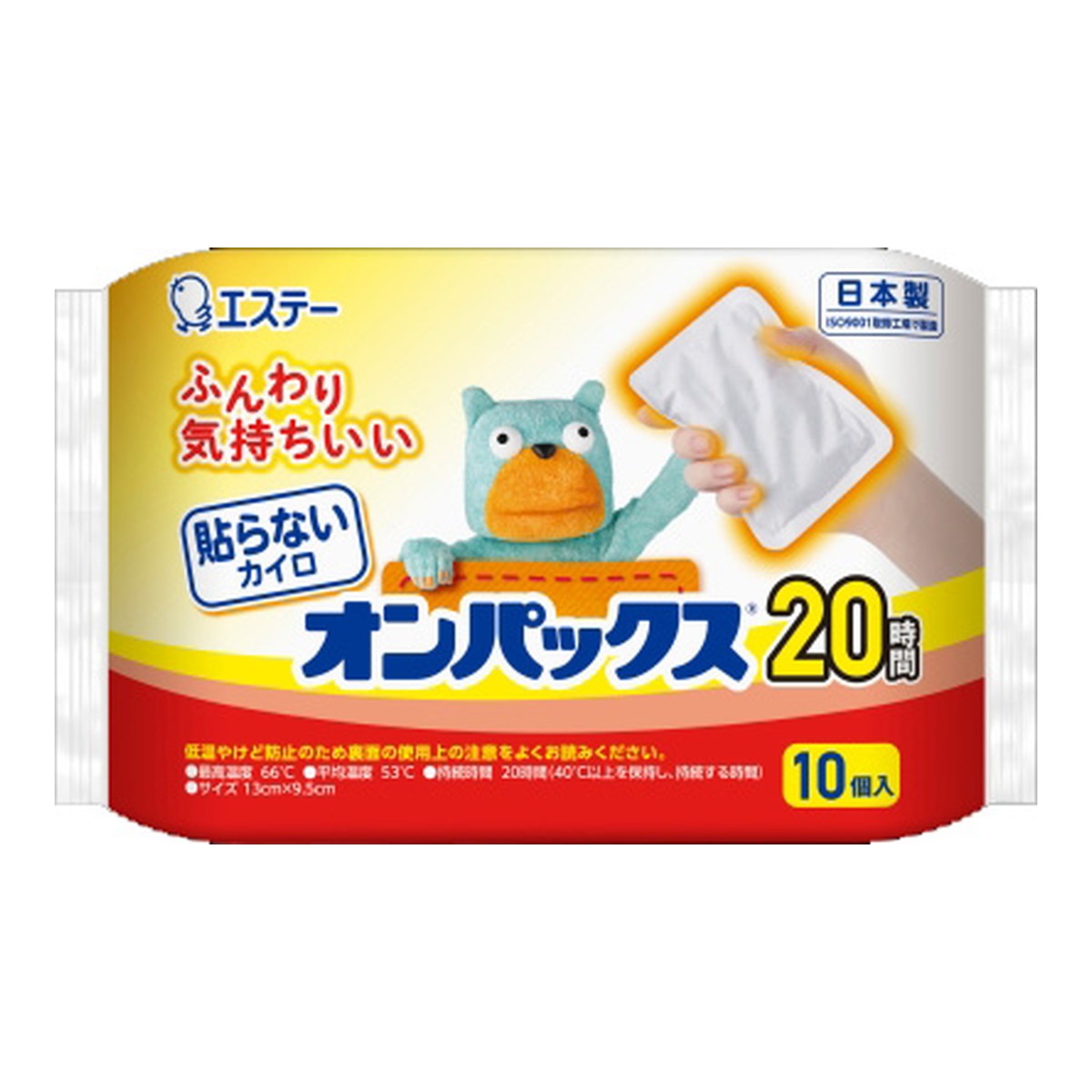ふんわり気持ちいい長時間安定した温度が持続する貼らないタイプのカイロです。 柔らかい不織布を使用しポケットの中でもかさばりにくい設計。 最高温度66度、平均温度53度、持続時間20時間。 屋外作業やスポーツ観戦、レジャーに最適。 防寒対策や防災・備蓄にも適しています。 原産国：日本発売元/製造元等：エステー株式会社 【成分】 鉄粉、水、活性炭、バーミキュライト、塩類、木粉、吸水性樹脂 広告文責：有限会社MAY 電話番号：079-569-1286