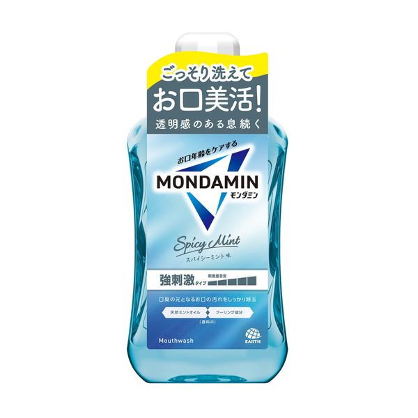 ・ストロングなスパイシーミントの香味 ・透明感のある息が続くマウスウォッシュ ・お口の汚れをしっかり除去 ・強刺激タイプ（刺激度5／5） ・アルコール配合 ・内容量1000mL 【ご注意】用法・用量および使用上の注意をよくお読みのうえ、正しくご使用ください。 お体に合わない場合は使用を中止し、症状が続く場合は医師等にご相談ください。 原産国：日本区分：医薬部外品発売元/製造元等：アース製薬（EHP） 【原材料】 水、エタノール、グリセリン、可溶化剤、洗浄補助剤、香料、pH調整剤、洗浄剤、矯味剤、保存剤、基剤、着色剤【成分】 水、エタノール、グリセリン、PEG-60水添ヒマシ油、PEG-8、香料（スパイシーミントタイプ）、リン酸2Na、リン酸Na、セテス-25、キシリトール、サッカリンNa、プロピルパラベン、銅クロロフィリンNa、青1 広告文責：有限会社MAY 電話番号：079-569-1286
