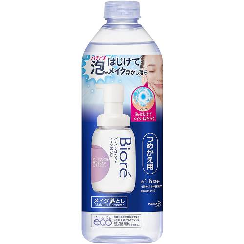 ■使い方 ・使い始めはストッパーをはずし、数回空押ししてください。 ・乾いた肌にお使いいただくのがおすすめです。 ・適量の泡(ポンプ3?4押し程度)を、顔全体にふわっとのせます。その後、泡を手のひら全体で軽く押さえます。 ・泡が消えてなくなったら、顔全体に液がいきわたるように軽くなじませ、その後はよく洗い流します。 ※目もとなどの落としにくい部分は、指先でくるくると液をきちんとなじませてください。 ※肌が非常に濡れている洗髪後等は、軽く水をきってお使いください。 ・直接水がかかる状態でポンプを押さないでください。 ・「ビオレパチパチはたらくメイク落とし」以外の商品をつめかえないでください。 成分水、BG、PEG-6(カプリル酸／カプリン酸)グリセリズ、グリセリン、PPG-9ジグリセリル、イソステアリン酸ポリグリセリル-2、エタノール、ラウリン酸PEG-12、テトラオレイン酸ソルベス-30、トロメタミン、ラウリルヒドロキシスルタイン、ステアリン酸PEG-150、イソステアリルグリセリル、ラウレス硫酸Na、コハク酸、水酸化Na、フェノキシエタノール、香料