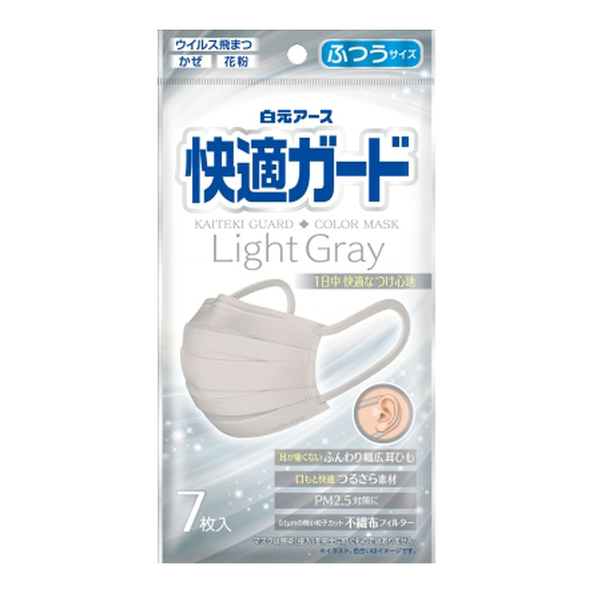 ・耳が痛くなりにくい幅広のふんわり耳ひもを採用 ・ケバ立ちしない口もとつるさら素材 ・0.1μmの微小粒子カット不織布フィルター ・顔にフィットするノーズフィッターと両サイド密着加工 ・マスクカラーはライトグレーで快適な装着感 原産国：中国区分：日用品発売元/製造元等：白元アース株式会社 【成分】 ポリプロピレン、ポリエチレン、ナイロン、ポリウレタン 広告文責：有限会社MAY 電話番号：079-569-1286