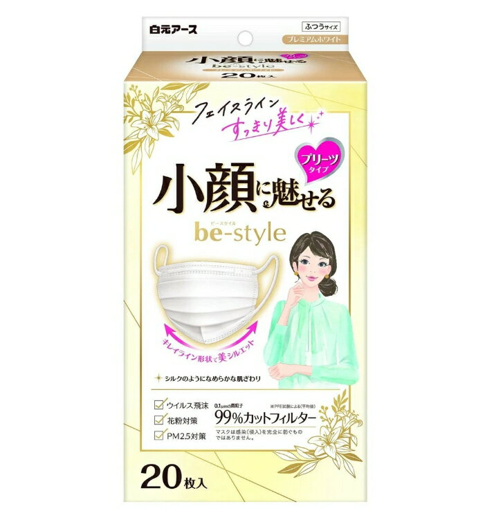 楽天NicoBase6〜10個セット まとめ買い 白元アース be-style ビースタイル プリーツタイプ 20枚入 ふつうサイズ プレミアムホワイト （小顔に魅せる女性用マスク）（4902407582324）