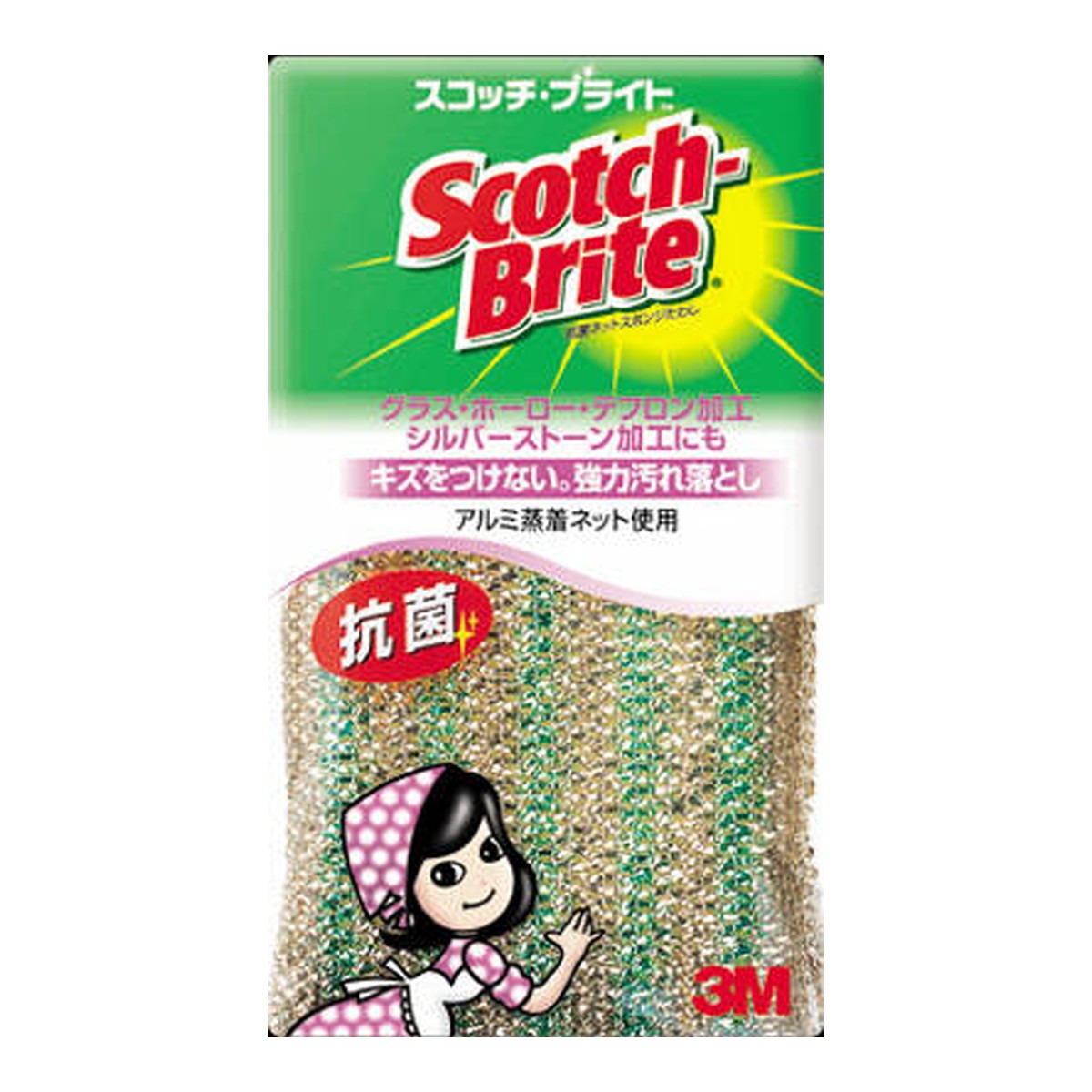 ・ウレタンスポンジをアルミ蒸着ポリエステルネットで包んだ抗菌スポンジ ・グラスやホーロー、フッ素加工面にもキズをつけず強力に洗浄 ・無機系抗菌剤使用で抗菌効果持続 ・塩素系漂白剤使用不可 ・使用後はよくすすいで水切り ・廃棄は自治体のルールに従う 【ご注意】原材料名およびアレルゲン（アレルギー物質）につきましては、必ずお手元に届いた商品のパッケージ表示をご確認のうえ、お客様ご自身の体質・体調に合わせてご使用ください。 体質に合わない場合や体調不良を感じた場合は、直ちに使用を中止してください。 原産国：日本区分：日用品発売元/製造元等：スリ−エムジャパン（株） 【原材料】 アルミ蒸着ポリエステル(ネット)、抗菌ウレタンスポンジ(無機系抗菌剤使用)【成分】 アルミ蒸着ポリエステル（ネット）、抗菌ウレタンスポンジ（無機系抗菌剤使用） 広告文責：有限会社MAY 電話番号：079-569-1286