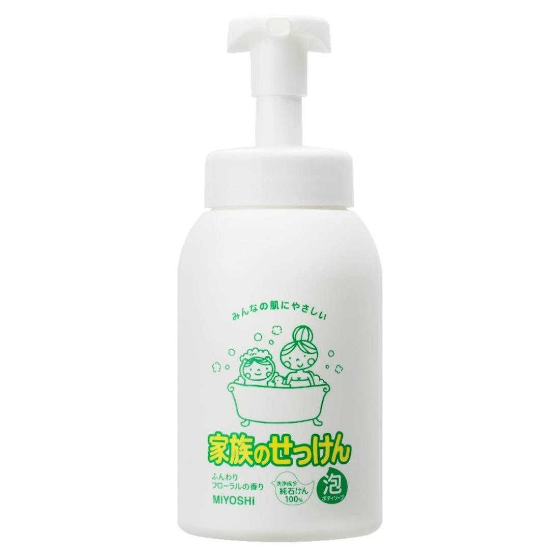 子どもから大人まで家族みんなの肌にやさしい泡状ボディソープです。 洗浄成分は敏感な肌にも安心の石けん100%です。 1プッシュでふわふわの泡がたっぷり出る使いやすいポンプタイプです。 ほのかなフローラルな香りで楽しいバスタイムを演出します。 原産国は日本です。 【ご注意】成分表示および使用上の注意をよくお読みのうえ、肌に異常が生じていないか注意してご使用ください。 お肌に合わない場合は使用を中止し、必要に応じて医師にご相談ください。 原産国：日本区分：化粧品発売元/製造元等：ミヨシ石鹸株式会社 【成分】 水、カリ石ケン素地、香料 広告文責：有限会社MAY 電話番号：079-569-1286