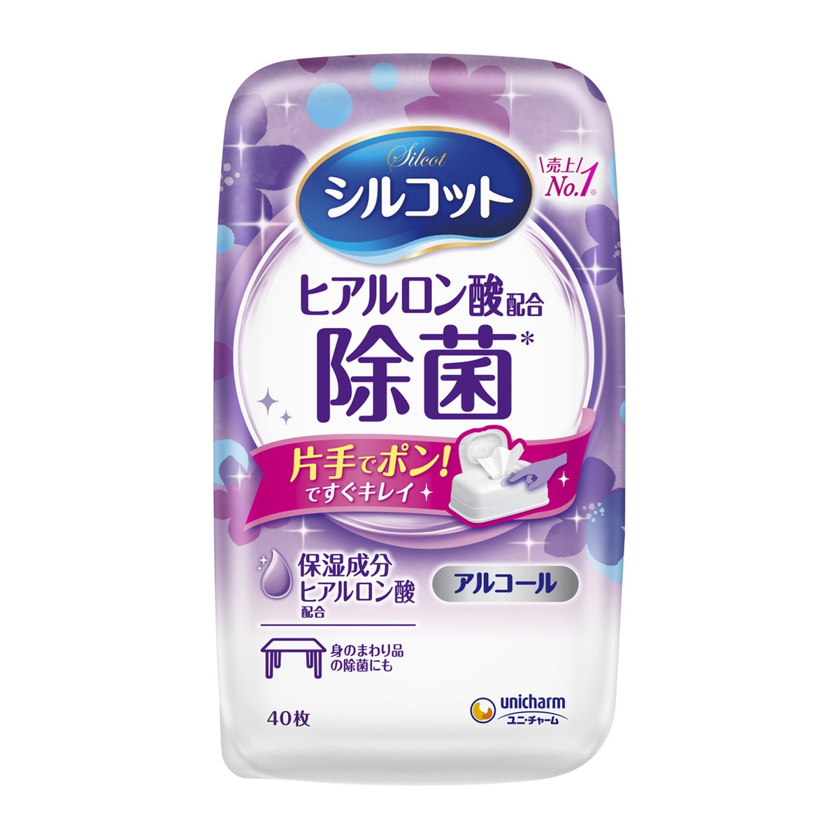 ・アルコールタイプの除菌ウェットティッシュ ・保湿成分ヒアルロン酸配合で手肌にやさしい ・厚手でやわらかいシート採用 ・ワンプッシュでフタが開き片手で取り出せる ・内容量40枚入りの本体タイプ 原産国：日本区分：日用品発売元/製造元等：ユニチャーム 【成分】 水、エタノール、グリセリン、EDTA-2Na、ベンザルコニウムクロリド、PEG-40水添ヒマシ油、ヒアルロン酸Na 広告文責：有限会社MAY 電話番号：079-569-1286