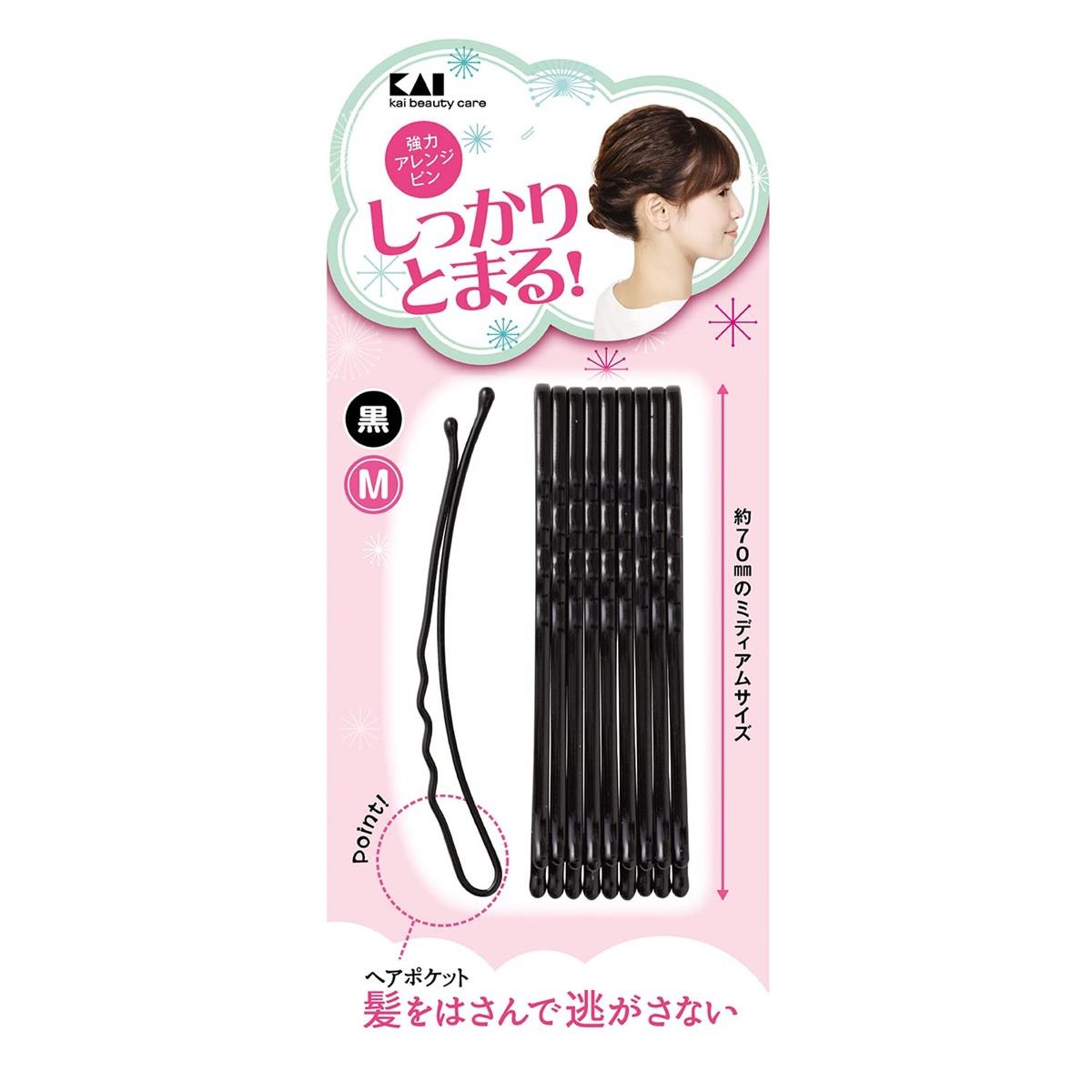 ・強力なホールド力で髪をしっかりキープ。 ・ヘアポケットで髪を逃さず固定。 ・R形状で頭の形にフィットしやすい。 ・焼付塗装のハガネ製で耐久性あり。 ・ミディアムサイズの10本セット。 【ご注意】原材料名およびアレルゲン（アレルギー物質）につきましては、必ずお手元に届いた商品のパッケージ表示をご確認のうえ、お客様ご自身の体質・体調に合わせてご使用ください。 体質に合わない場合や体調不良を感じた場合は、直ちに使用を中止してください。 原産国：中国区分：日用品発売元/製造元等：貝印 【原材料】 焼付塗装したハガネ 広告文責：有限会社MAY 電話番号：079-569-1286