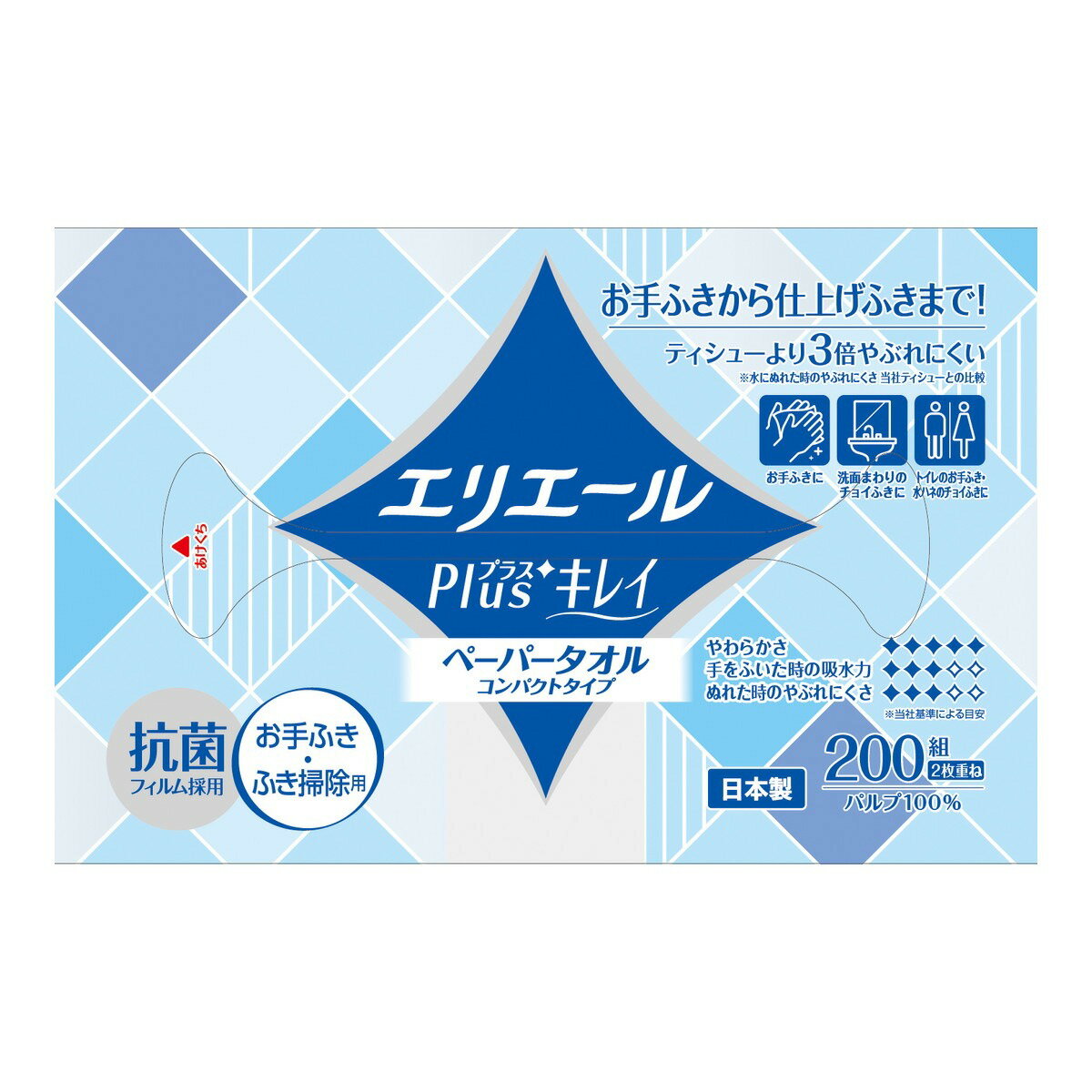 ・お手ふき・ふき掃除用に適したペーパータオル。 ・水濡れ時の破れにくさがティシューの3倍。 ・少ない枚数で洗面まわりのふき掃除が可能。 ・素肌にやさしいやわらかな肌ざわり。 ・抗菌フィルム採用。 ・片手で取り出しやすい独自の取り出し口。 ・パルプ100％使用。 【ご注意】原材料名およびアレルゲン（アレルギー物質）につきましては、必ずお手元に届いた商品のパッケージ表示をご確認のうえ、お客様ご自身の体質・体調に合わせてご使用ください。 体質に合わない場合や体調不良を感じた場合は、直ちに使用を中止してください。 原産国：日本区分：日用品発売元/製造元等：大王製紙 【原材料】 パルプ100% 広告文責：有限会社MAY 電話番号：079-569-1286