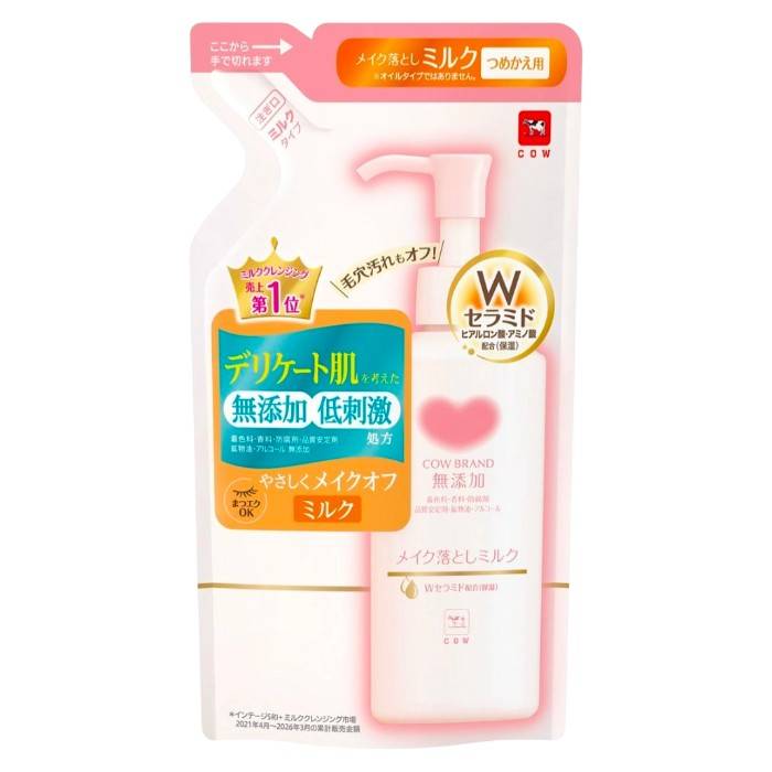 【商品説明】 やわらかな使い心地のミルクタイプのメイク落としです。 メイクとなじませて洗い流すことで、肌への負担に配慮しながらメイク汚れを落とします。 保湿成分として、セラミドNG・セラミドNPのWセラミド、ヒアルロン酸Na、アミノ酸の一種であるグリシンを配合。 着色料・香料・防腐剤・品質安定剤・鉱物油・アルコールは使用していません。 ぬれた手や顔でもお使いいただけます。 本商品は「カウブランド 無添加 メイク落としミルク」の詰替用です。 【商品情報】 商品名：カウブランド 無添加 メイク落としミルク 詰替用 販売名：カウブランド メイク落としミルクFE 内容量：160mL 商品区分：化粧品 原産国：日本 ブランド：カウブランド無添加 発売元・製造元：牛乳石鹸共進社株式会社 【使用方法】 本体容器につめかえた後、適量（2～3回押し程度）を手に取り、顔全体に広げます。 メイクなどの汚れとやさしくなじませた後、十分に洗い流してください。 【成分】 水、トリイソステアリン酸PEG-20グリセリル、トリエチルヘキサノイン、BG、イソペンチルジオール、DPG、セラミドNG、セラミドNP、ヒアルロン酸Na、グリシン、トリポリヒドロキシステアリン酸ジペンタエリスリチル、ステアリン酸PEG-5グリセリル、（カプリル酸／カプリン酸）PEG-6グリセリズ、カルボマー、ヒドロキシエチルセルロース、水酸化Na 【使用上・保管上の注意】 ・目に入らないようご注意ください。 ・目に入った場合や、かすみなどの異常を感じた場合は、こすらず十分に洗い流してください。異常が残る場合は眼科医にご相談ください。 ・コンタクトレンズをご使用の場合は、レンズを外してからお使いください。 ・お肌に異常が生じていないか注意してご使用ください。 ・お肌に合わない場合は使用を中止してください。 ・乳幼児の手の届かない場所に保管してください。 ・高温・低温となる場所や、直射日光の当たる場所を避けて保管してください。 ・袋には薄い材質が使用されているため、持ち運びや保管の際は破損などにご注意ください。 ※商品の改良やリニューアル等により、パッケージ・成分・仕様等が変更される場合があります。ご使用の際は、お届けした商品の表示をご確認ください。