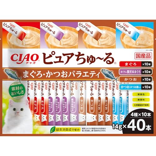 -/14g×40本/-・パッケージ個数:1・好評のCIAOピュアちゅ〜るに新しいバラエティが仲間入り商品紹介 今までにない液状のおやつ。着色料・香料・化学調味料不使用で、素材の旨みをしっかり味わえます。4種類の味が楽しめるバラエティパック。 原材料・成分 たんぱく質7.0％以上　脂質0.4％以上　粗繊維0.4％以下　灰分1.5％以下　水分91.0％以下 使用方法 1日4本を目安におやつとしてお与えください。