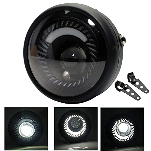 JIAHER バイク ヘッドライト LED汎用 6.5インチ + ブラケット レトロ バイクヘッドライト ブラック ラウンド スワーリング ホワ