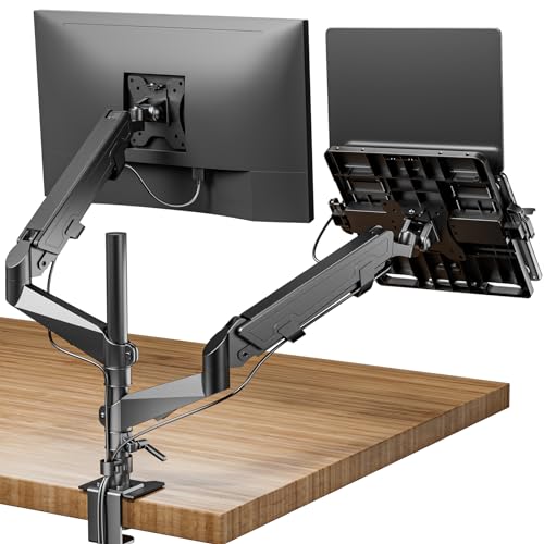工匠藤井 デュアル ノートパソコン/モニターアーム モニターアーム 2画面 トレイ付き 高度0~90cm ガススプリング式 15〜32インチ対応