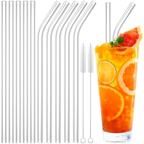 25cm ガラスストロー 10本セット ブラシ ガラス製 クリア 耐熱ストレートストロー 曲がったストロー 水 飲み物 コーヒー再利用