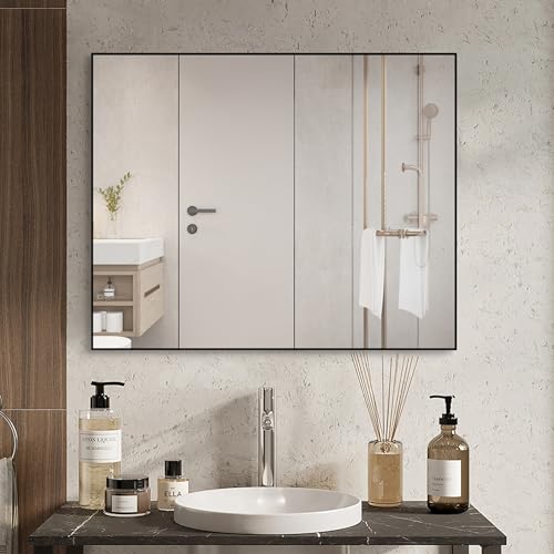 ANYHI 浴室の 玄関 の寝室のための長方形の壁ミラー、80 x 65 cm 黒い金属によって組み立てられるミラ..