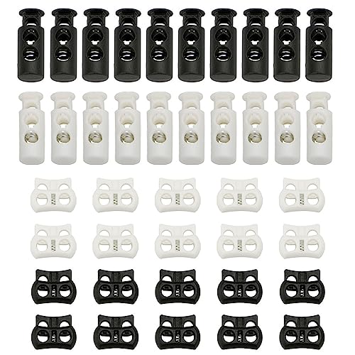 YIXINLYMY スプリングコードストッパー コードロック 紐止め 40個入り（白と黒） 丸型 長いカラムタイ..