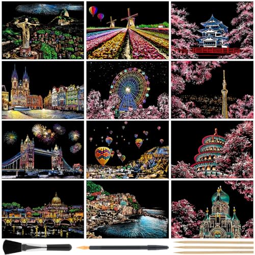 Kesote スクラッチアート 12枚 大人 塗り絵 専用ペン付き 削り絵 スクラッチシート 暇潰しグッズ ボケ..