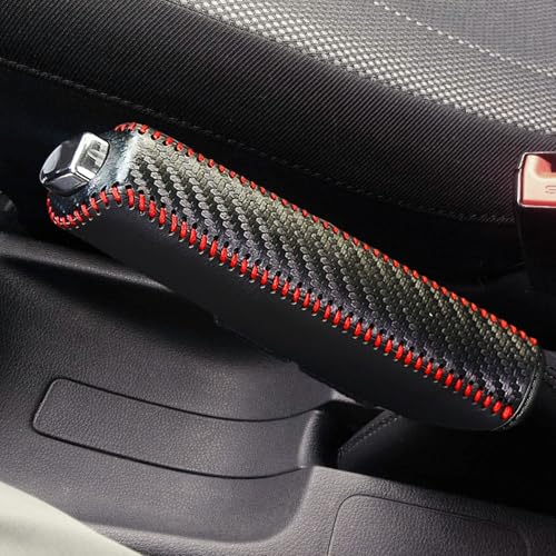 本革 パーキングブレーキカバー 触感快適 汎用タイプ ハンドブレーキ専用 車内インテリア 防滑加工 耐久性 カーボン調 黒革＋赤糸