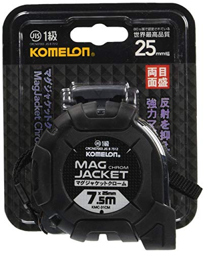 ブラック/長さ7.5 m/KMC-31CML・Size:長さ7.5 m・パッケージ個数:1・テープ幅:25mm高級感のあるクロームケースと衝撃を軽減するゴムジャケット 一人でも作業のしやすい強力マグ爪と便利な両面目盛 テープの反射を抑えた読みやすい目盛 片手で簡単に脱着可能なベルトホルダー付き