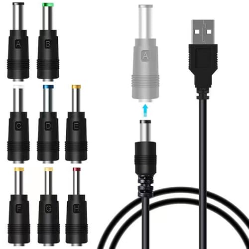 TJK USBケーブル 8 in 1 DC 5V1A 電源ケーブル USB-丸口 変換プラグ付き DC充電コード 5.5x2.5/5.5x2.1