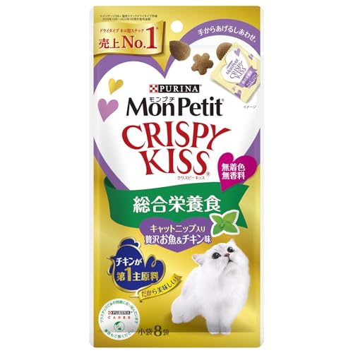 マルチカラー/-/4902201215251・PatternName:キャットニップ入り贅沢お魚&チキン味・パッケージ個数:1・人気のモンプチ クリスピーキッスからネコちゃんに必要な栄養をバランスよく配合した総合栄養食登場。・チキンが第一主原料でネコちゃんが夢中になる美味しさ。キャットニップ配合。美味しくかんでストレスケアにも。無着色無香料。・原材料：チキン、米、牛脂、コーングルテン、たんぱく加水分解物、モルトエキス、フィッシュパウダー、ぶどう糖、酵母、ひまわり油、キャットニップパウダー、海藻粉末、にんじん、えんどう豆、ミネラル類（カルシウム、リン、カリウム、ナトリウム、クロライド、鉄、銅、マンガン、亜鉛、ヨウ素、セレン）、ビタミン類（A、D、E、K、B1、B2、パントテン酸、ナイアシン、B6、葉酸、ビオチン、B12、コリン）、アミノ酸類（タウリン）、酸味料、酸化防止剤（ミックストコフェロール）・成分：たんぱく質：29%以上、脂質：15%以上、粗繊維：4%以下、灰分10%以下、水分10%以下商品紹介 モンプチ クリスピーキッスからネコちゃんに必要な栄養をバランスよく配合した総合栄養食登場。チキンが第一主原料でネコちゃんが夢中になる美味しさ。キャットニップ配合。美味しくかんでストレスケアにも。無着色無香料。 原材料・成分 原材料:チキン、米、牛脂、コーングルテン、たんぱく加水分解物、モルトエキス、フィッシュパウダー、ぶどう糖、酵母、ひまわり油、キャットニップパウダー、海藻粉末、にんじん、えんどう豆、ミネラル類カルシウム、リン、カリウム、ナトリウム、クロライド、鉄、銅、マンガン、亜鉛、ヨウ素、セレン、ビタミン類A、D、E、K、B1、B2、パントテン酸、ナイアシン、B6、葉酸、ビオチン、B12、コリン、アミノ酸類タウリン、酸味料、酸化防止剤ミックストコフェロール 使用方法 ●　おやつとして与える場合：成猫体重1kgあたり1日0.5袋を目安に与えてください。適切な栄養量を維持するために与えすぎには注意し、主食の給与量を調節してください。 ●　主食として与える場合：成猫体重1kgあたり1日5袋を目安に、数回に分けて与えてください。